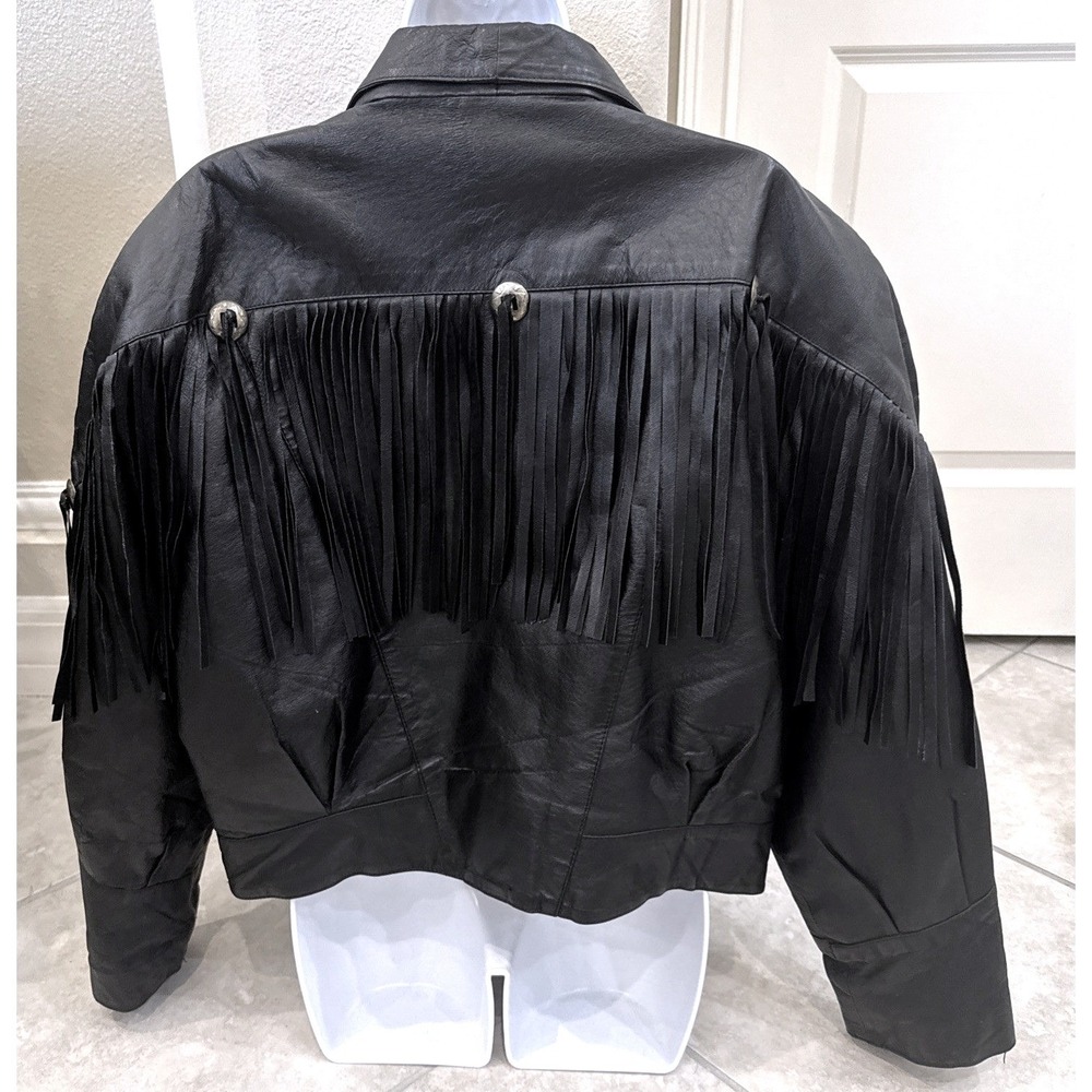 MPW Trading Corp Vintage Black Leather Fringe Western Jacket XL Concho‎ Cropped